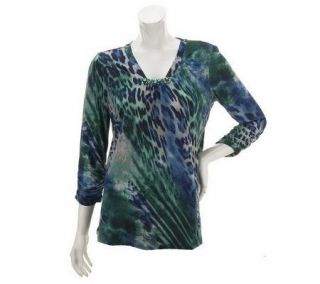Susan Graver Liquid Knit Squared V Neck Printed Top with Beading —