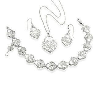 Filigree Heart Pendant, Earrings and Bracelet Set in Sterling Silver