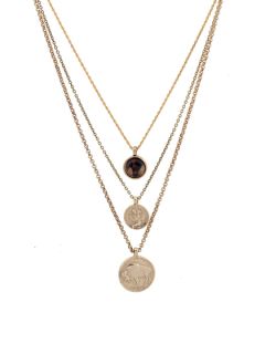 Gold Double Coin & Quartz Pendant Necklace by Low Luv