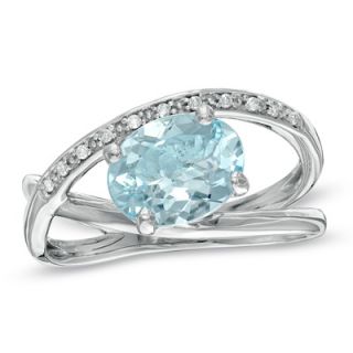 Oval Aquamarine and Diamond Accent Orbit Ring in Sterling Silver