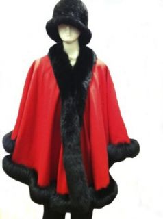 CASHMERE CAPE WITH FOX TRIMMING from CASHMERE PASHMINA GROUP (SIX SEVEN INCH FOX FUR TRIMMING, RED) Pashmina Shawls