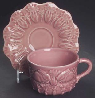 Bordallo Pinheiro Rabbit Pink Flat Cup & Saucer Set, Fine China Dinnerware   Emb