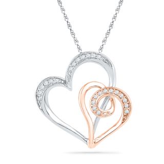 10 ct t w diamond double heart pendant in sterling silver and 10k