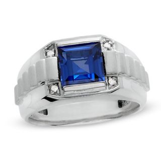 Mens Princess Cut Lab Created Sapphire Ring in Sterling Silver with