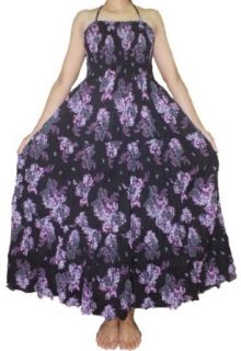Summer Beach Long Sun Dress, Boho Dress, Black Cotton Purple Butterfly Printed
