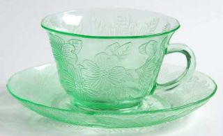 MacBeth Evans Dogwood Green Thin Cup and Saucer Set   Green,Depression Glass,Flo