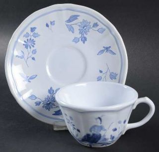 Longchamp Blue Moustiers Flat Cup & Saucer Set, Fine China Dinnerware   All Blue