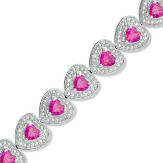 Heart Shaped Lab Created Ruby and Diamond Accent Bracelet in Sterling