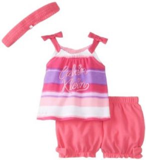 Calvin Klein Baby Girls Newborn Pink Purple Stripes Tank Top with Short and Headband, Pink, 6/9 Clothing