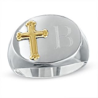 Oval Signet Engraved Cross Ring in Sterling Silver and 14K Gold (1