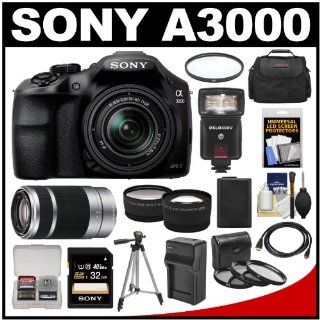 Sony Alpha A3000 Digital Camera & 18 55mm Lens with 55 210mm Lens + 32GB Card + Battery + Case + Flash + 3 Filters + Tripod + Tele/Wide Lenses Kit  Compact System Digital Cameras  Camera & Photo