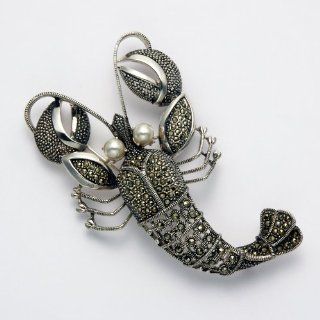 Large Sterling Silver Marcasite Lobster Pin w/Curled Tail & Fresh Water Pearl Eyes Jewelry