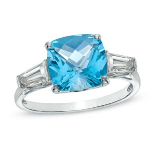 0mm Cushion Cut Swiss Blue Topaz and Lab Created White Sapphire Ring