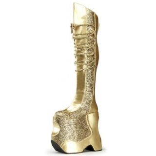 MENS SIZING Gold Crinkle Glitter Patent Thigh High Platform Boots 8.75'' Heel Shoes