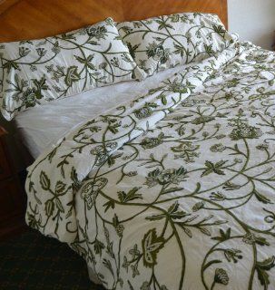 Crewel Bedding Leaves Green on White Cotton Crewel Duvet Cover (92X94) Beauty