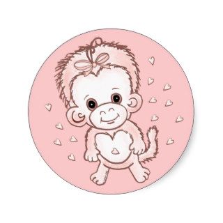 Baby Girl Monkey Round Stickers