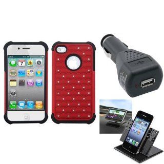 eForCity Car Charger + Holder + Red/Black Lattice Dazzling Total Defense Case compatible with iPhone® 4 4S Cell Phones & Accessories