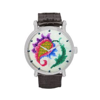 Vintage cross stitch embroidered fantasy flower wrist watch