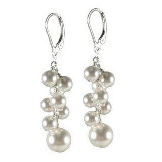 Crystal White Pearl Cluster Drop Earrings Sterling Silver with SWAROVSKI ELEMENTS Crystal Pearls Jewelry