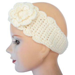 Ivory White Women Handmade Crochet Hair Headband 3" with Flower 