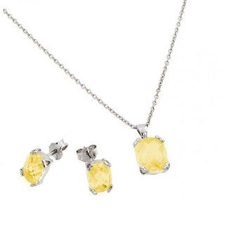 Rhodium Plated 925 Sterling Silver Prong Set November Birthstone Citrine Faceted Cubic Zirconia CZ Earring and Necklace Set Forever Flawless Jewelry Jewelry