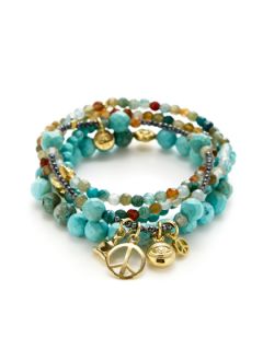 Set of 5 Spiritual Charm, Turquoise, & Semi Precious Stone Stretch Bracelets by Good Charma