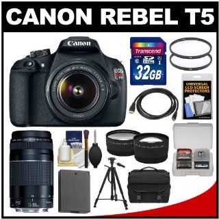 Canon EOS Rebel T5 Digital SLR Camera Body & EF S 18 55mm IS II with 75 300mm III Lens + 32GB Card + Case + Battery + Tripod + Kit  Camera & Photo