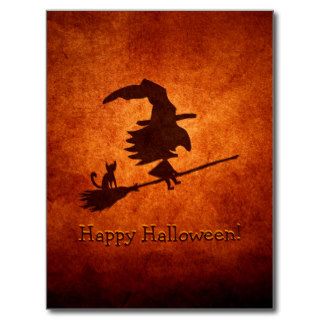 Witch and Cat Silhouette Flying on Broomstick Postcards