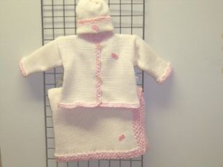 Ck605ipbk, Knitted on Hand Knitting Machine Then Finished By Hand Crochet Infant Girls Outfit, Containing Ivory Cotton Crocheted Pink Chenille Trim Cardigan Sweater, Hat Set and Matching Blanket with Pink Heart Applique. Infant And Toddler Sweaters Cloth