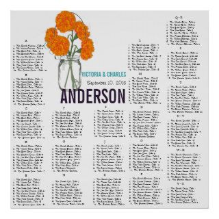 Orange Carnation Modern Mason Jar Seating Chart Posters