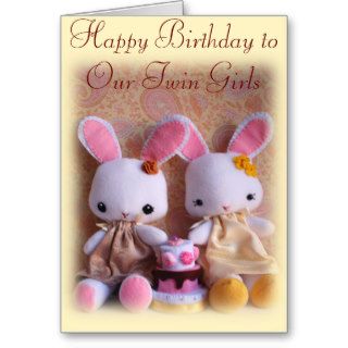 Twin Bunnies with Cake Happy Birthday Card