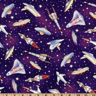 44'' Wide Space Ranger Spaceships Navy Fabric By The Yard