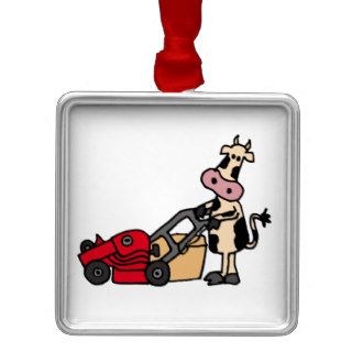 Funny Cow Pushing Red Lawn Mower Cartoon Ornament