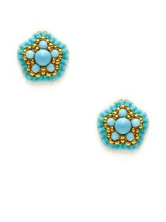 Turquoise Glass Bead Floral Stud Earrings by Miguel Ases