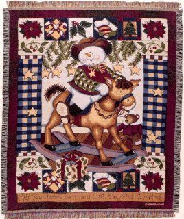 Cowboy Snowman on Rocking Horse Holiday Christmas Tapestry Throw Blanket 50" x 60" Made in the USA  