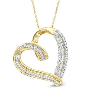 CT. T.W. Baguette and Round Diamond Tilted Heart Pendant in 10K
