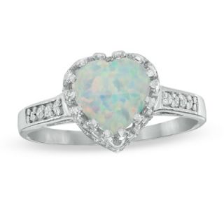 0mm Heart Shaped Lab Created Opal and White Topaz Crown Ring in