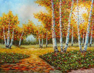 Path in Autumn Red Aspen Forest Large Oil Painting 36x48 Inch, Unstretched/Unframed  