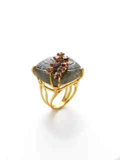 Carved Labradorite & Multi Stone Square Ring by Bounkit