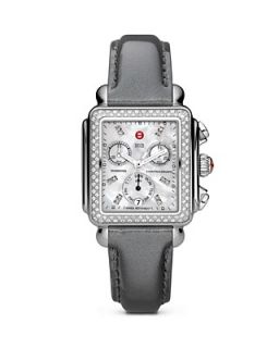 MICHELE Deco Watch with Diamond Bezel and Patent Grey Leather Strap's