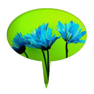 Teal Turquoise Daisies on Lime Green Flowers Gifts Oval Cake Picks