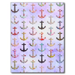 Hipster floral nautical anchors & purple damask post cards