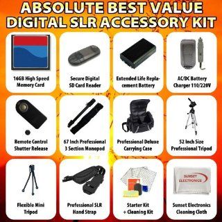 Absolute Best Value Digital SLR Accessory Kit For the Canon EOS 7D Digital SLR Camera Package Includes 16GB Hi Speed Error Free Memory Card, SD Card Reader, 2 Extended Life Replacement Battery Packs, 1 Hour Home & Car Charger, 52 Inch Professional Trip