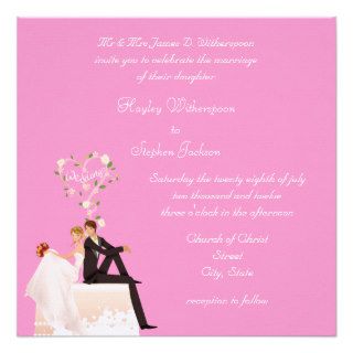 Bride & Groom Sitting on Cake Pink Wedding Personalized Announcement