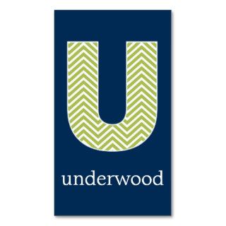 Navy and Lime Chevron Pattern Monogram Letter U Business Card Templates