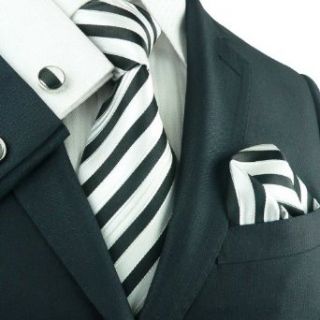 LANDISUN 639 STRIPE BLAKC WHITE SETTIE+HANKY+CUFFLINK at  Mens Clothing store Neckties