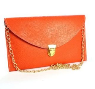amtonseeshop Fashion Womens Golden Chain Envelope Purse Clutch Synthetic Leather Handbag (Orange) Clothing