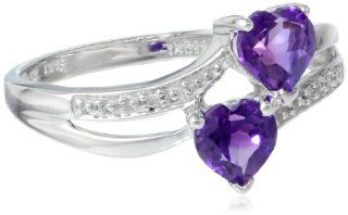 10k White Gold Double Heart Shaped Amethyst with Diamond Heart Ring, Size 5 Jewelry