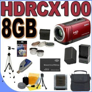 Sony HDR CX100 AVCHD 8GB Flash Memory w/ 10x Optical Zoom HD Camcorder (Red) BigVALUEInc Accessory Saver 8GB FH100 Battery/Rapid Charger Filter Kit/Lenses Bundle  Camera & Photo