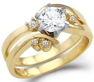 Solid 14k Yellow Gold Engagement Wedding Set CZ Cubic Zirconia Ring Band Round Cut 0.75 ct The Rings Of Wedding For Women Sets Yellow Diamond Jewelry
